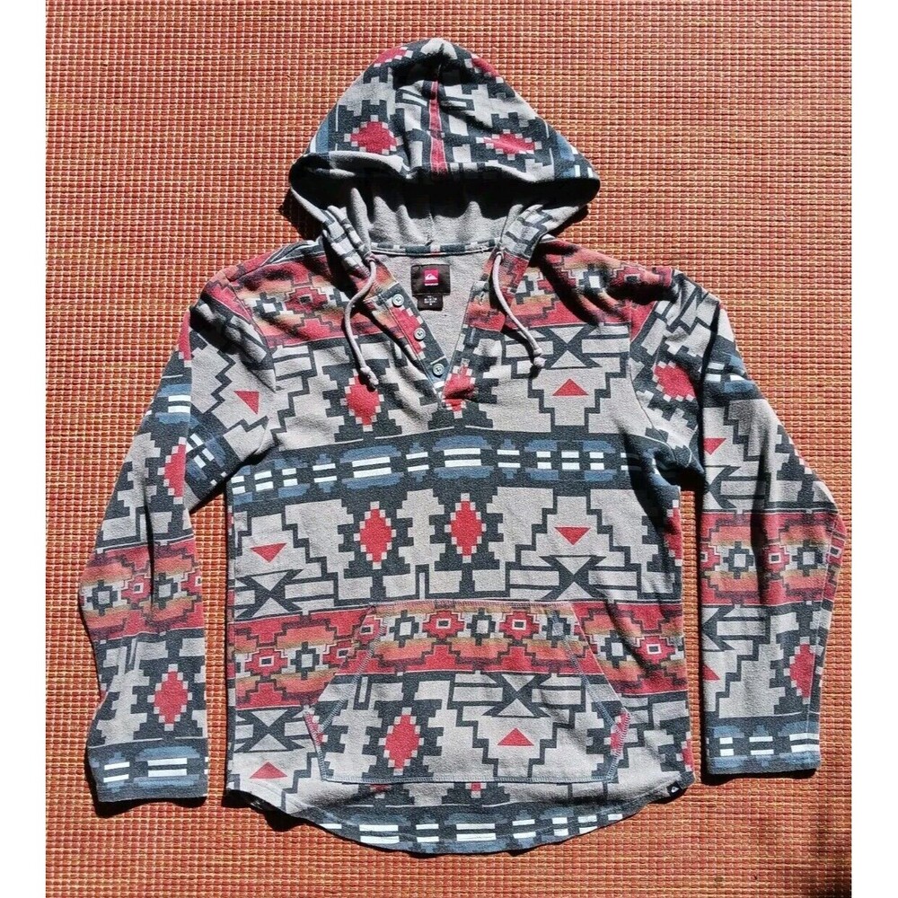 Vtg Quiksilver Mens Medium Hooded Long Sleeve Hoodie Henley Shirt Aztec Y2K